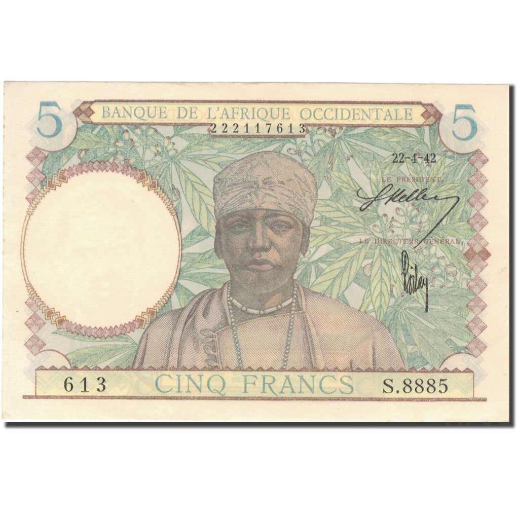 Nota, África Ocidental Francesa, 5 Francs, 1942, 1942-04-22, KM:21, AU(50-53)