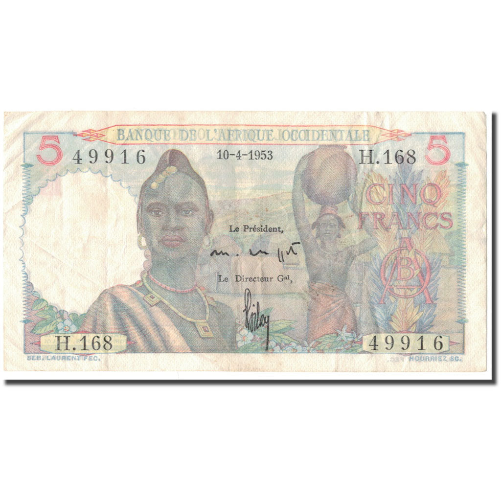 Nota, África Ocidental Francesa, 5 Francs, 1953, 1953-04-10, KM:36, EF(40-45)