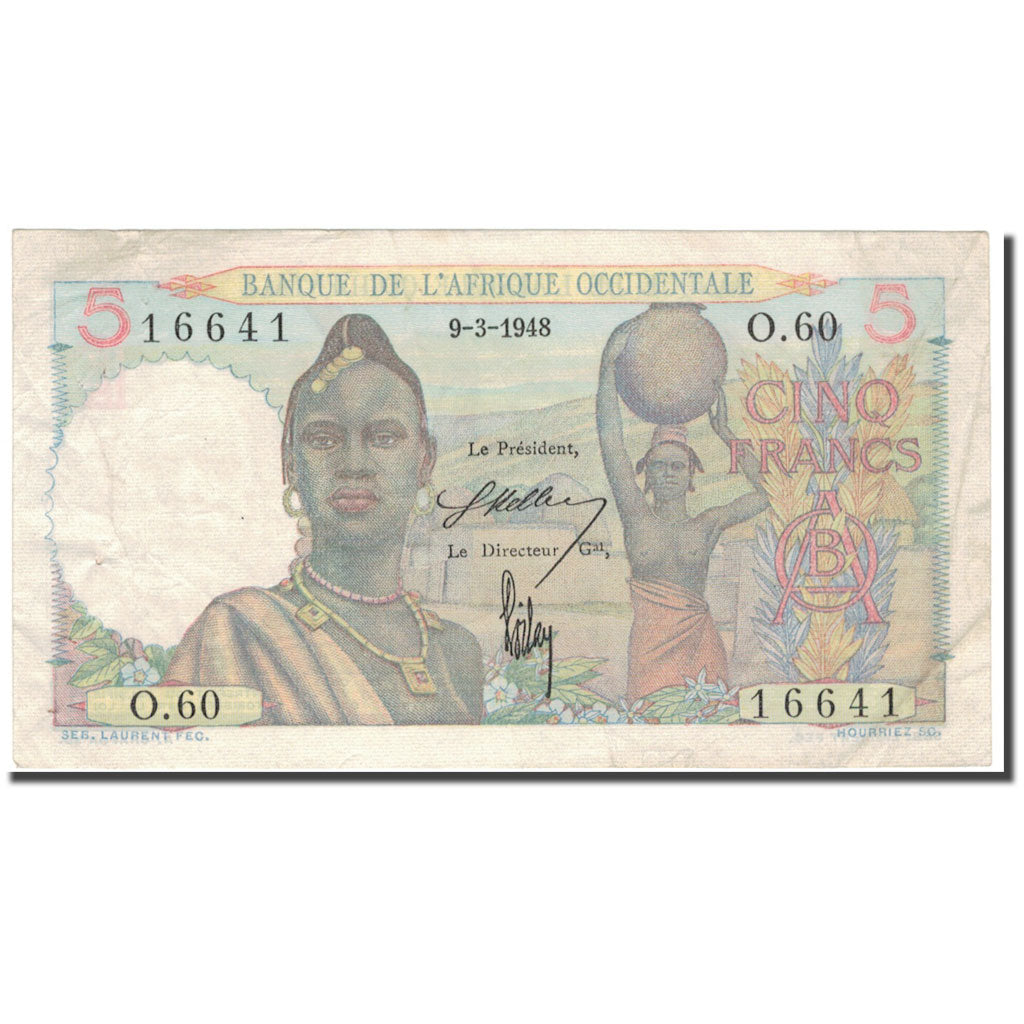Banconote, Africa occidentale francese, 5 Francs, 1948, 1948-03-09, KM:36, SPL-