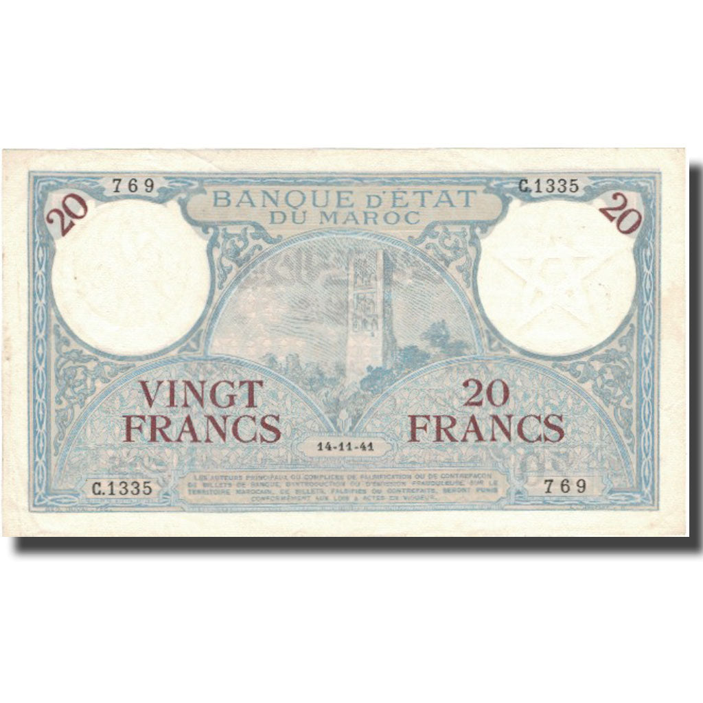 Geldschein, Marokko, 20 Francs, 1941, 1941-11-14, KM:18b, VZ+