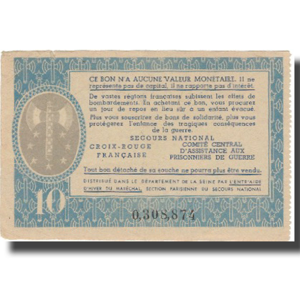 France, Bon de Solidarité, 10 Francs, 1941, AU(50-53)