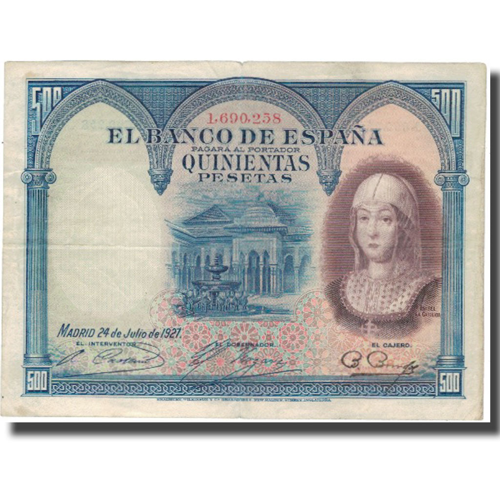 Billete, 500 Pesetas, 1927, España, 1927-07-24, KM:73c, BC+