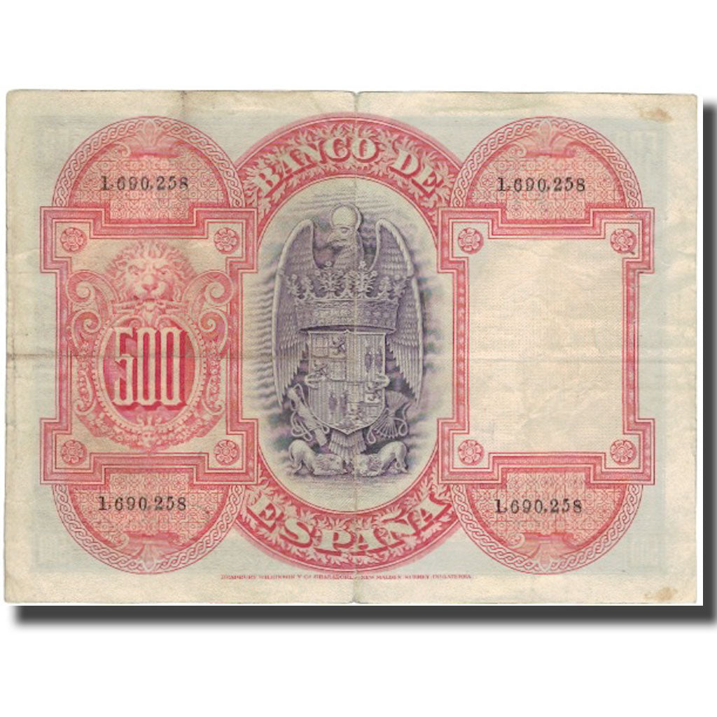 Billete, 500 Pesetas, 1927, España, 1927-07-24, KM:73c, BC+
