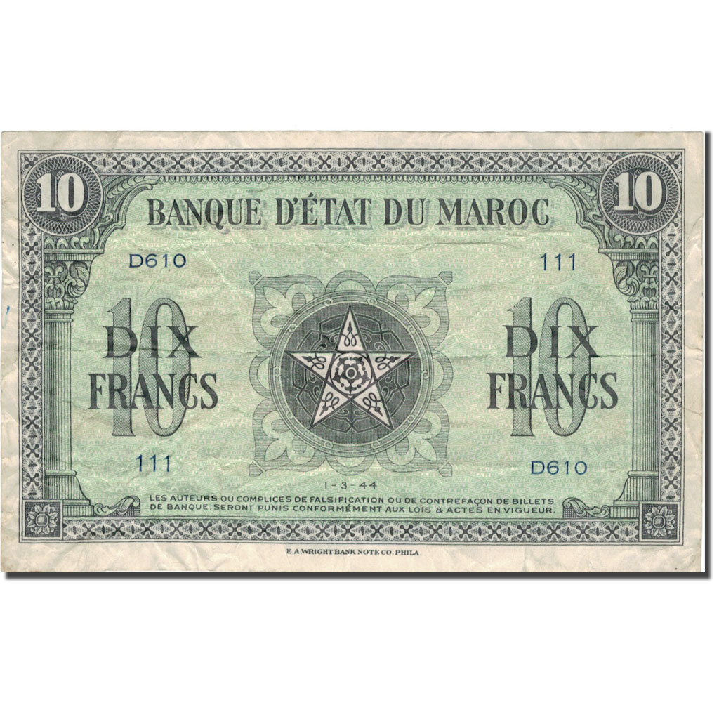 Banknote, Morocco, 10 Francs, 1944, 1944-03-01, KM:25a, EF(40-45)