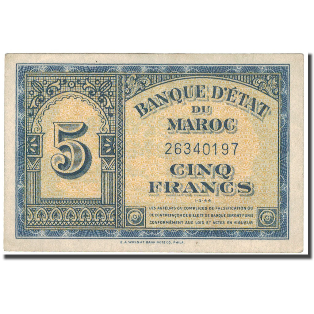 Banconote, Marocco, 5 Francs, 1943, 1943-08-01, KM:24, BB
