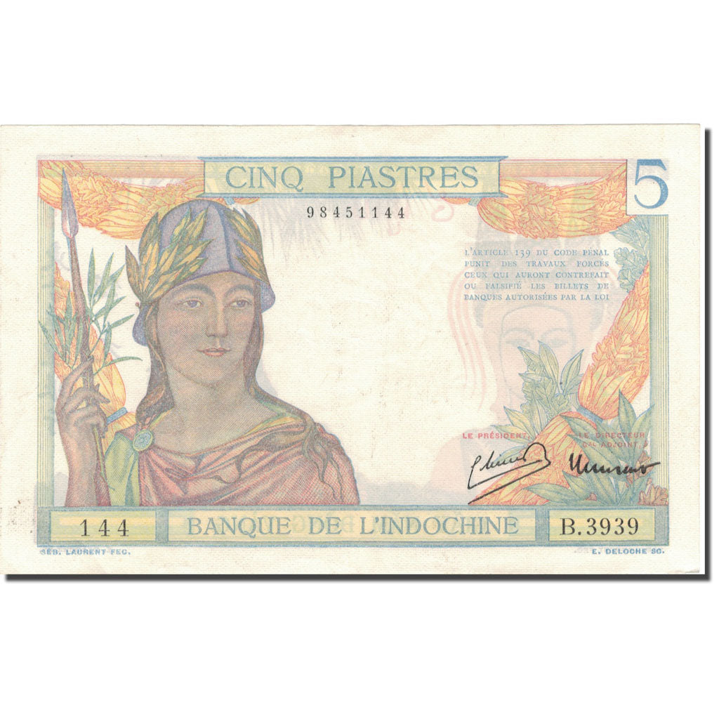 Billet, FRENCH INDO-CHINA, 5 Piastres, 1932, KM:53a, SUP+