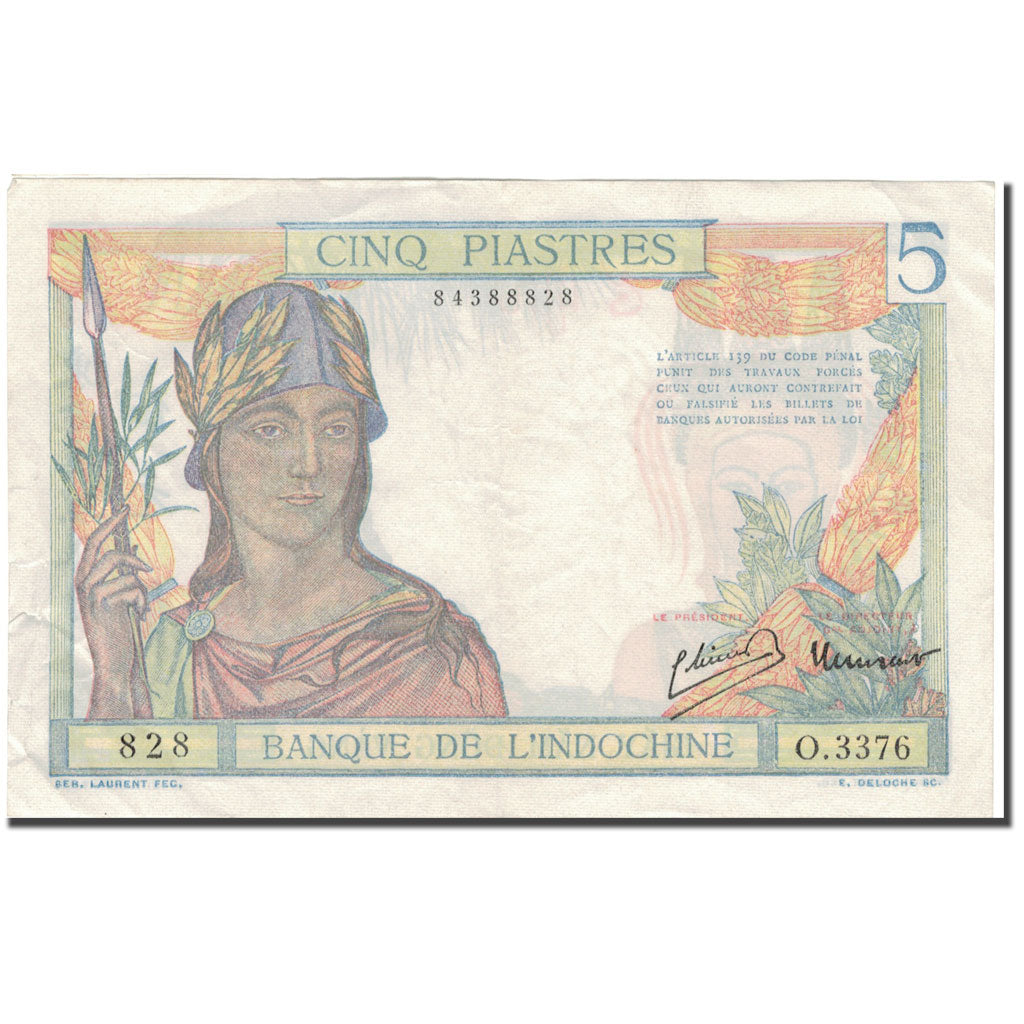 Banconote, INDOCINA FRANCESE, 5 Piastres, 1932, KM:53a, SPL