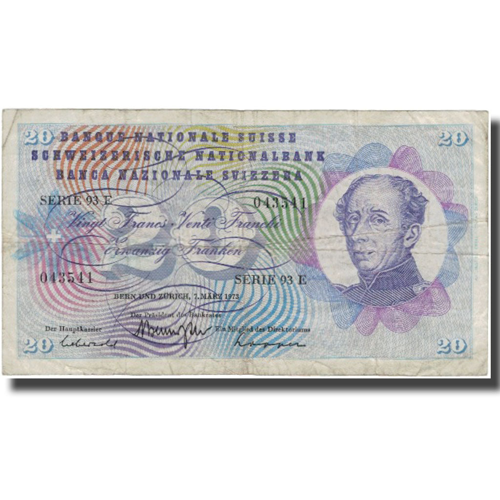 Banknote, Switzerland, 20 Franken, 1973, 1973-03-07, KM:46u, F(12-15)