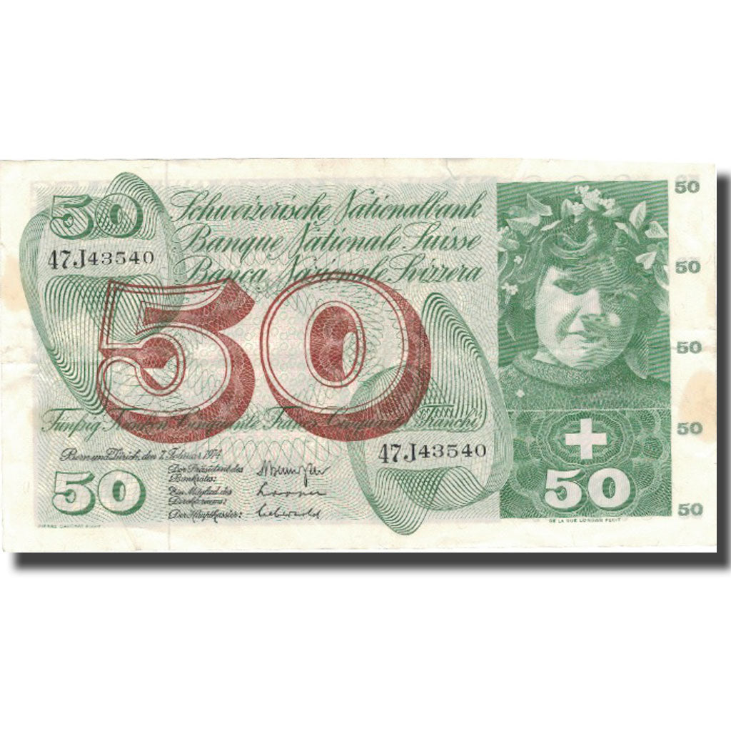 Nota, Suíça, 50 Franken, 1974, 1974-02-07, KM:48n, EF(40-45)