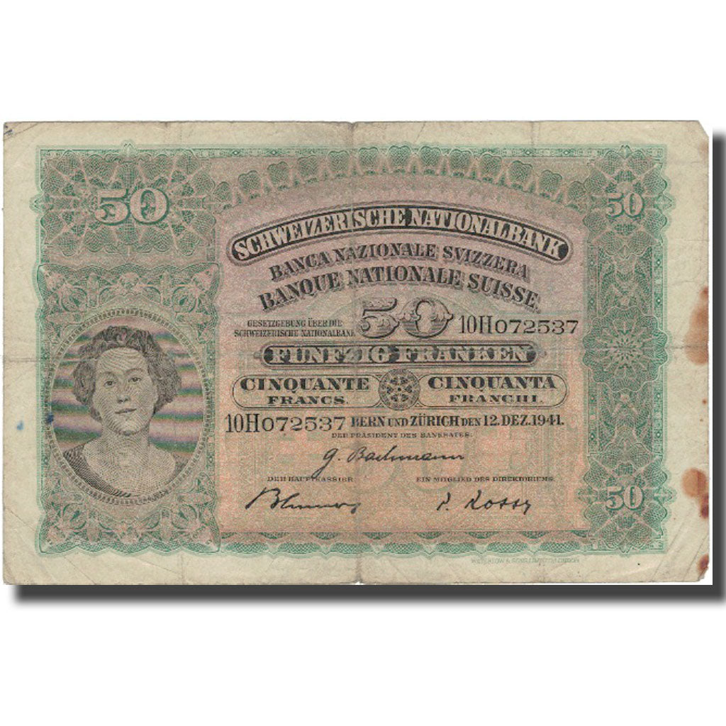 Geldschein, Schweiz, 50 Franken, 1941, 1941-12-12, KM:34l, S