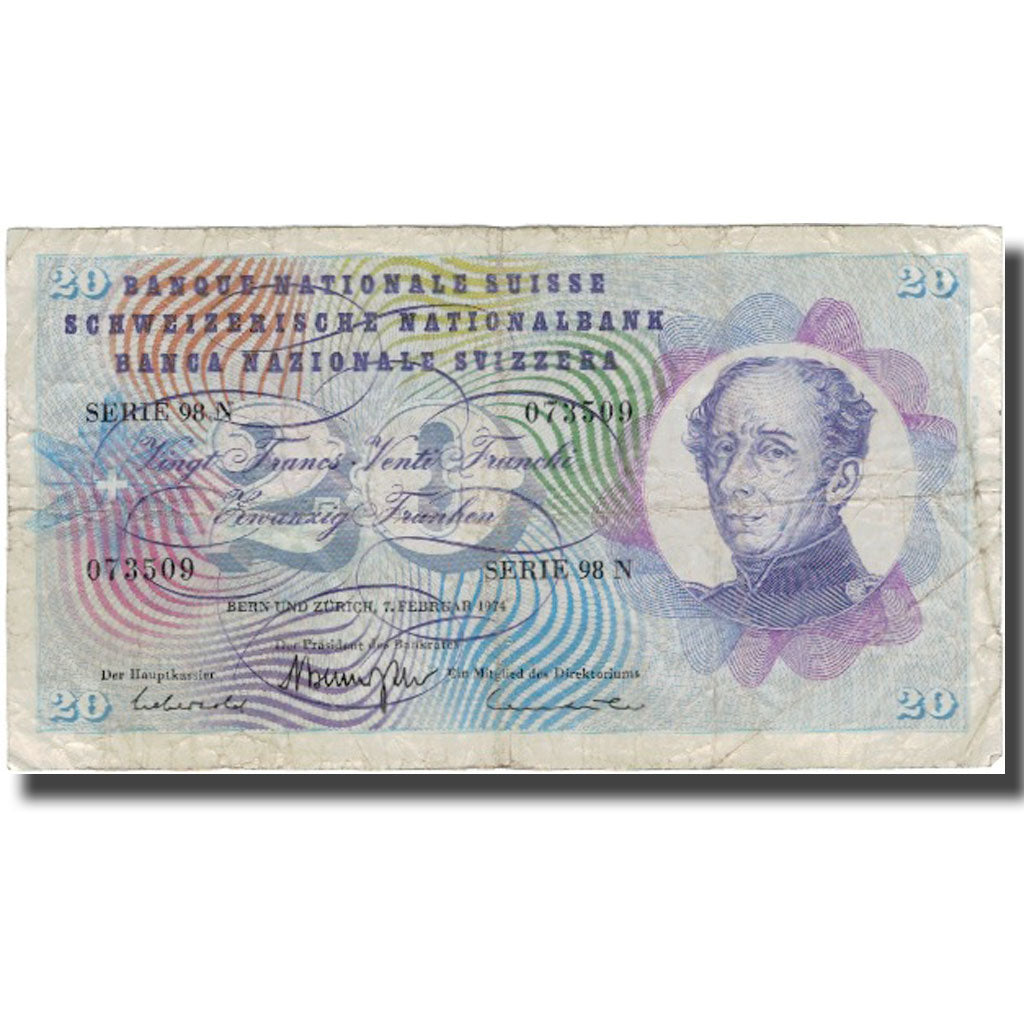 Billet, Suisse, 20 Franken, 1974, 1974-02-07, KM:55d, TB
