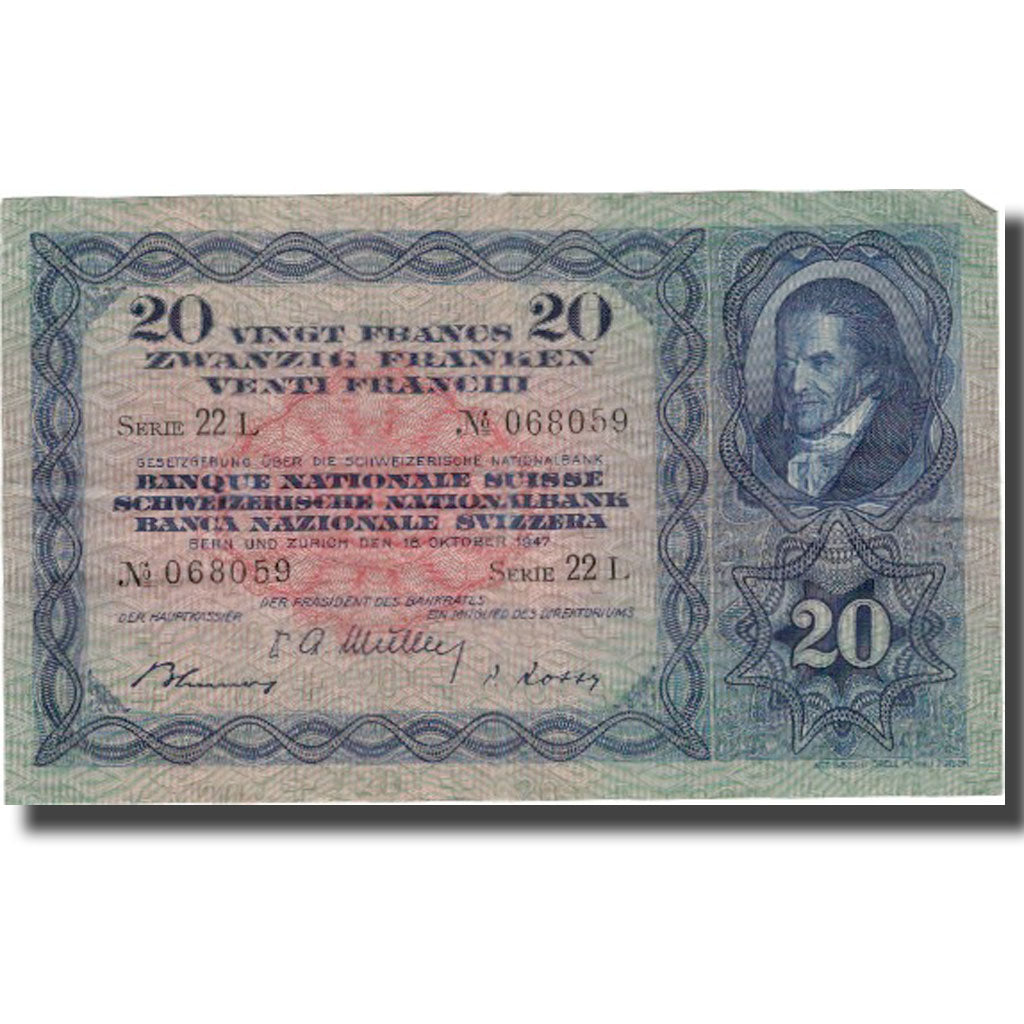 Banconote, Svizzera, 20 Franken, 1947, 1947-10-16, KM:39p, MB+