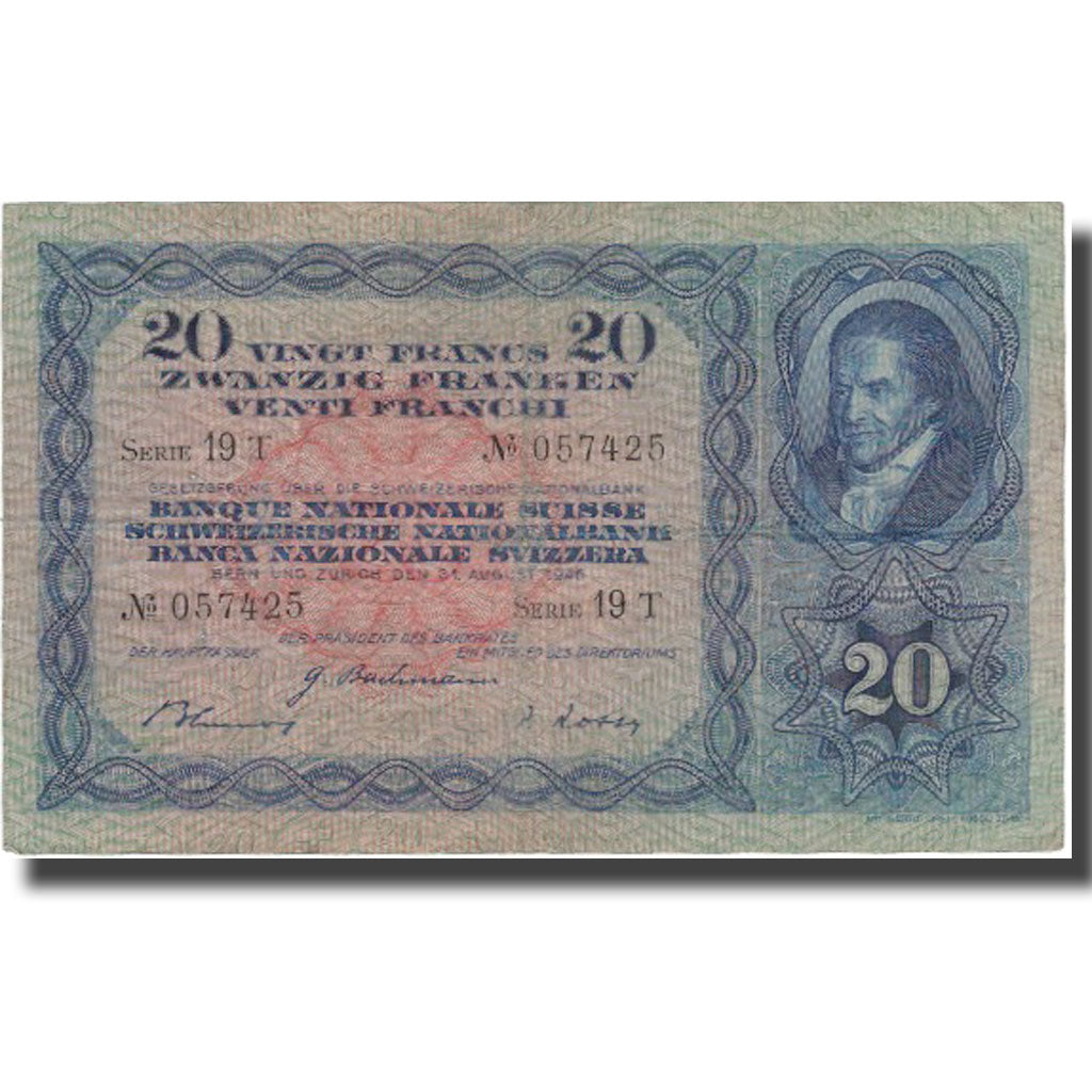 Geldschein, Schweiz, 20 Franken, 1946, 1946-08-31, KM:39o, S+