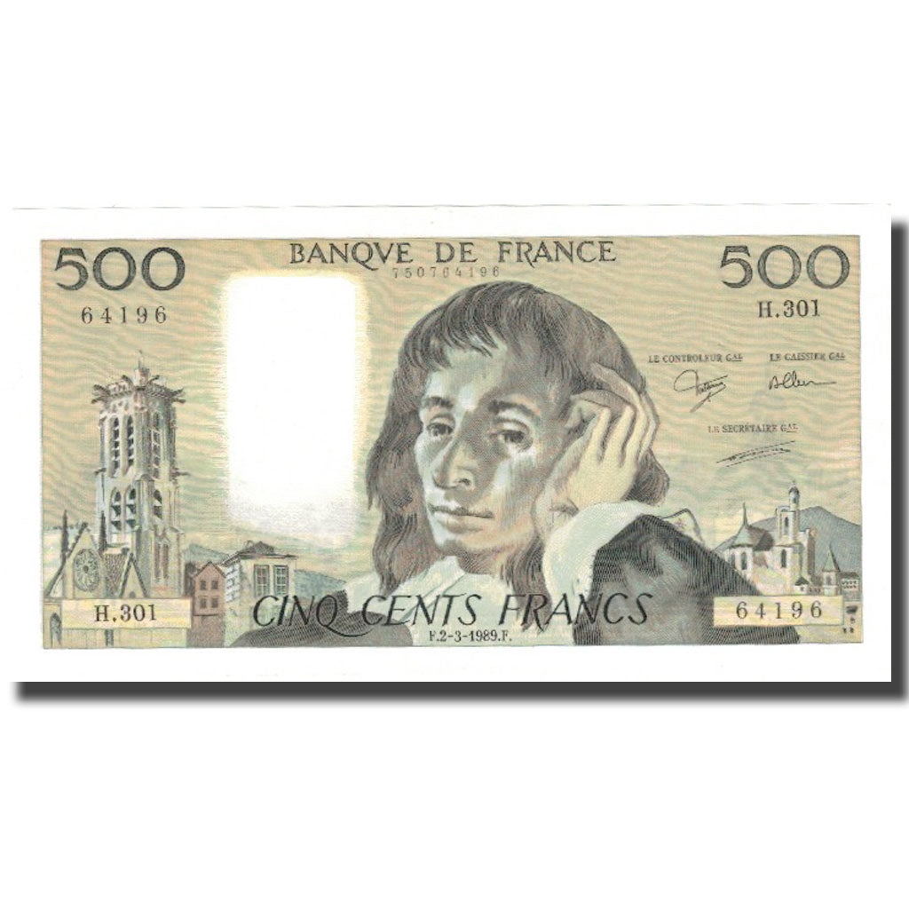France, 500 Francs, Pascal, 1989, 1989-03-02, UNC(64), Fayette:71.41, KM:156g