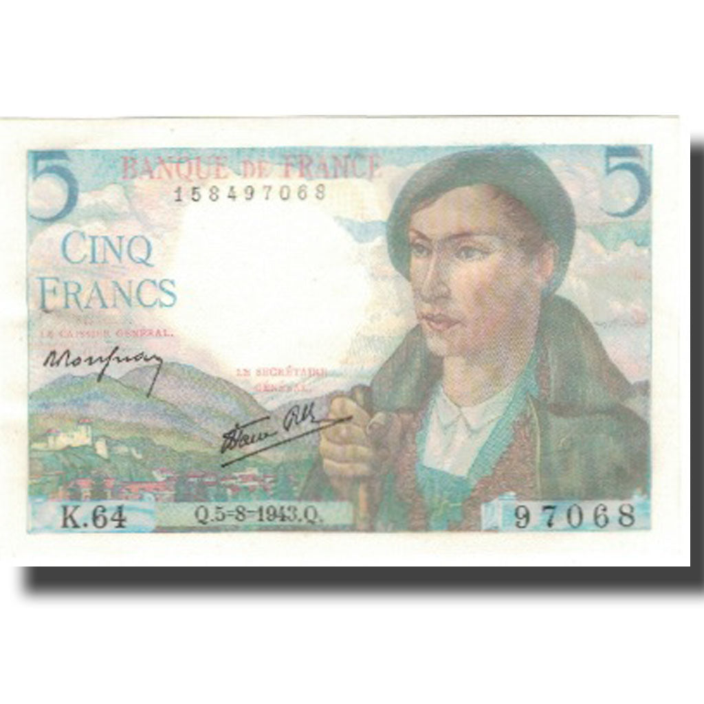 France, 5 Francs, Berger, 1943, 1943-08-05, UNC(63), Fayette:5.3, KM:98a