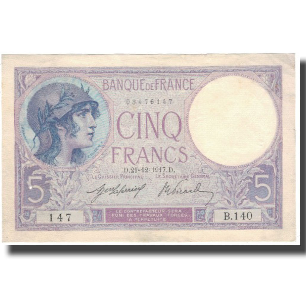 França, 5 Francs, Violet, 1917, 1917-12-21, EF(40-45), Fayette:3.1, KM:72a