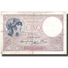 Francja, 5 Francs, Violet, 1940, 1940-12-26, EF(40-45), Fayette:4.18, KM:83