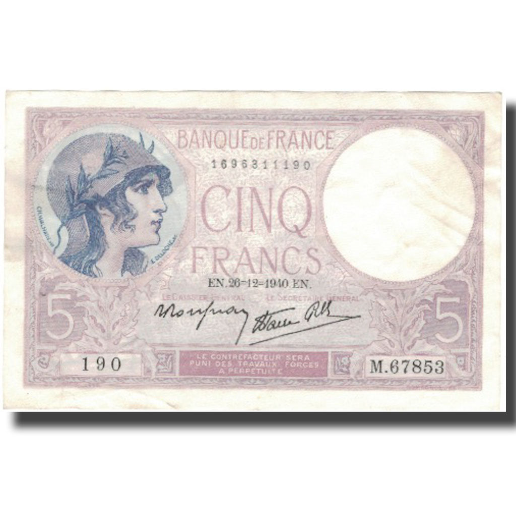 França, 5 Francs, Violet, 1940, 1940-12-26, AU(55-58), Fayette:4.18, KM:83