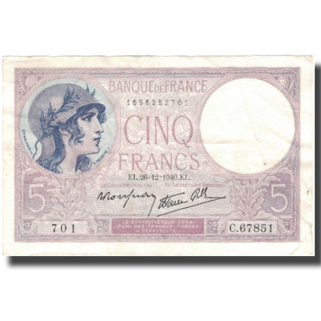 France, 5 Francs, Violet, 1940, 1940-12-26, TTB+, Fayette:4.18, KM:83