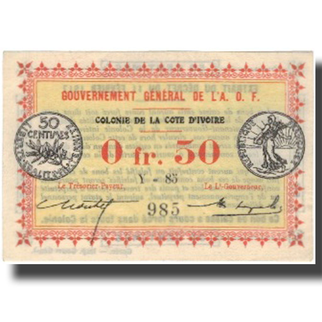 Banknote, Ivory Coast, .50 Franc, valeur faciale, 1917, 1917-11-02, KM:1a
