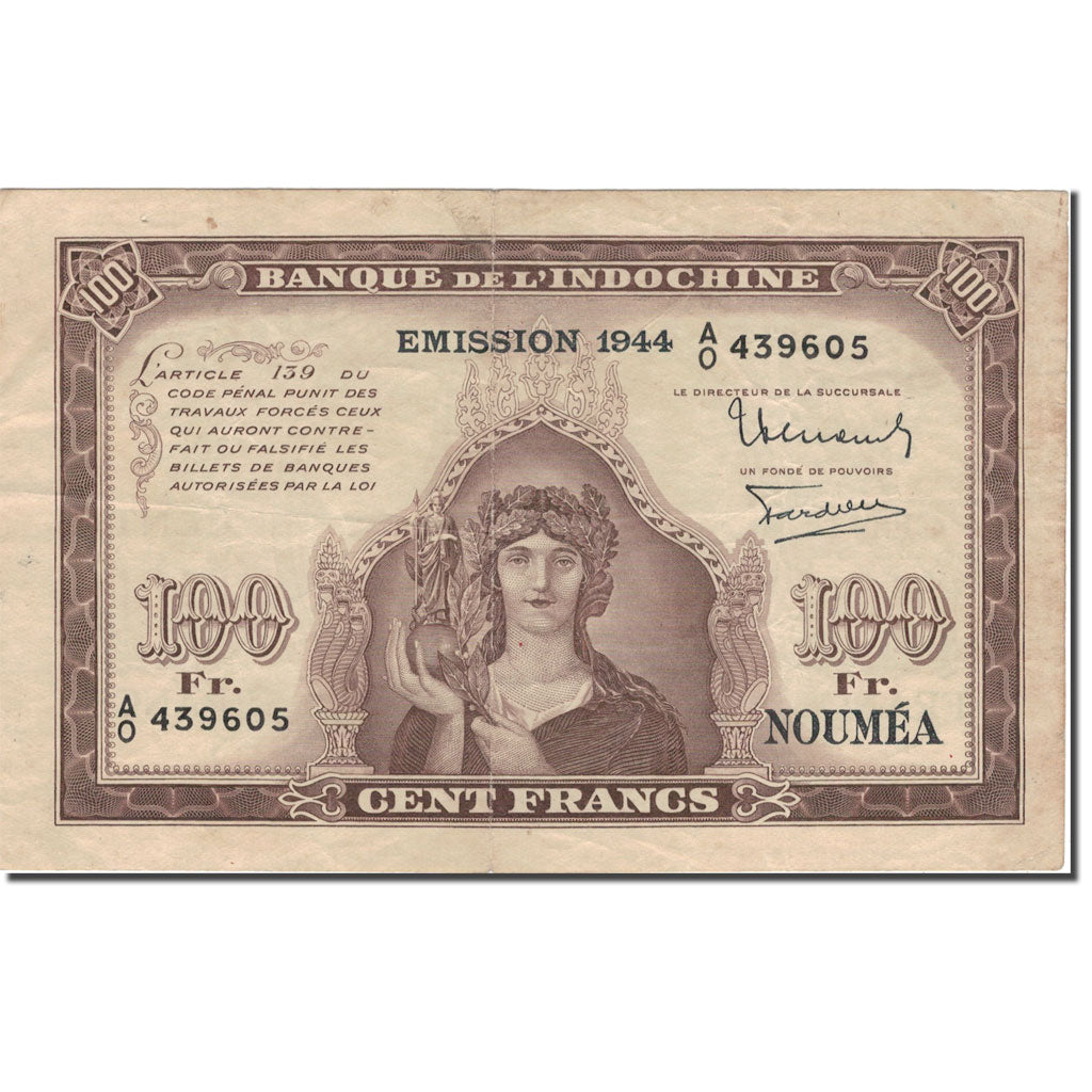 Banknot, Nowa Kaledonia, 100 Francs, 1942, Undated (1942), KM:46b, VF(20-25)