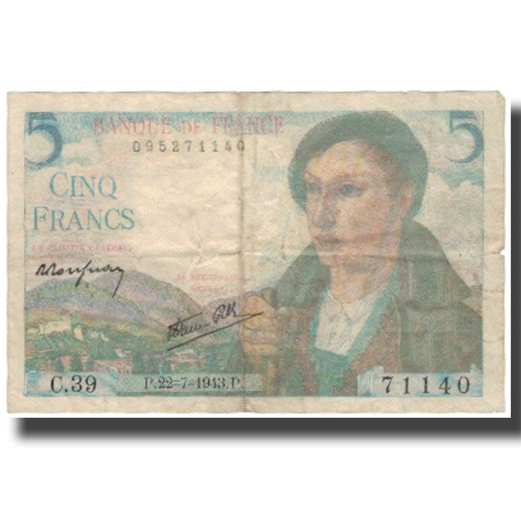 France, 5 Francs, Berger, 1943, 1943-07-22, VF(30-35), Fayette:05.02, KM:98a