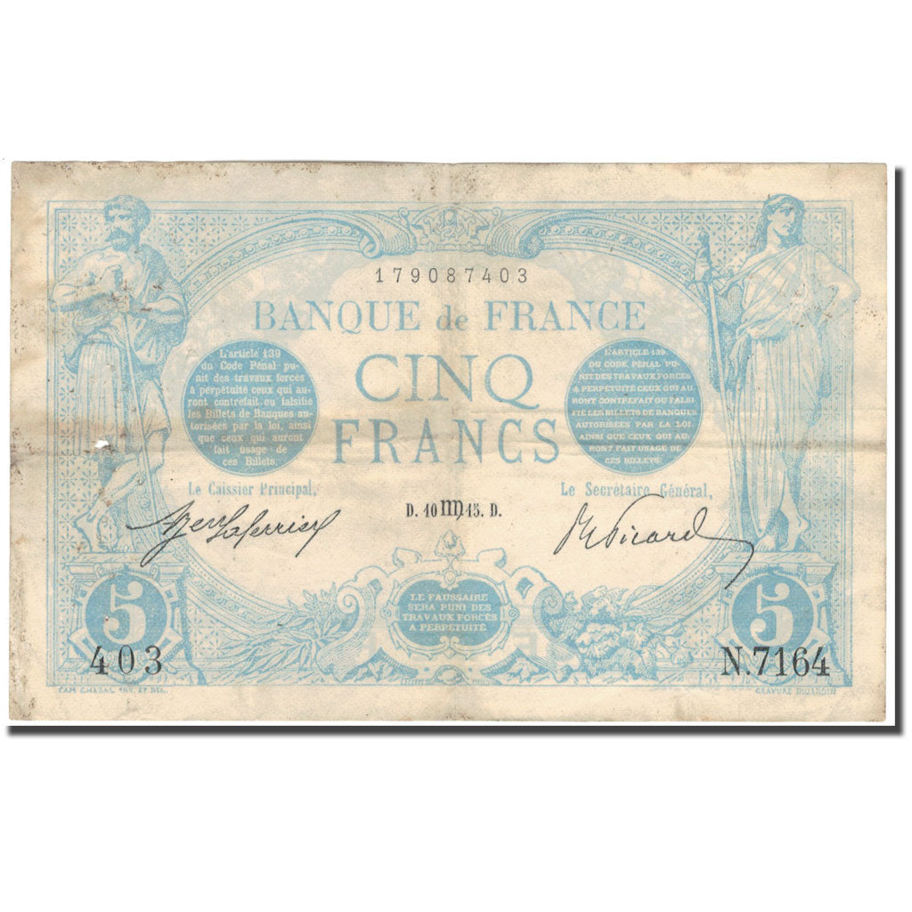 France, 5 Francs, 1915, 1915-08-16, B+, Fayette:2.30, KM:70