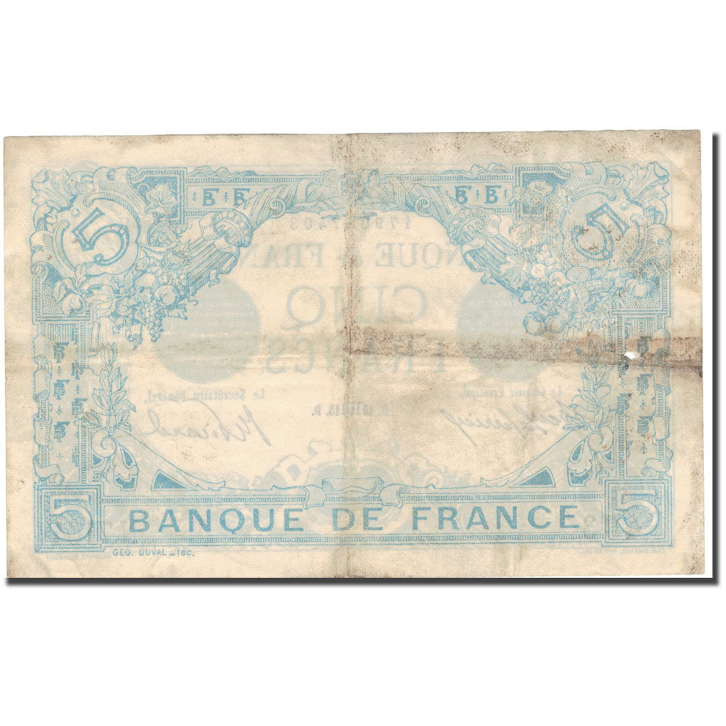 France, 5 Francs, 1915, 1915-08-16, B+, Fayette:2.30, KM:70