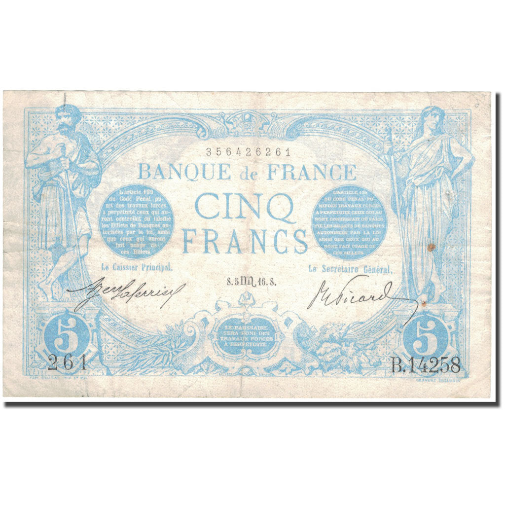 Frankreich, 5 Francs, Bleu, 1916, 1916-10-10, S+, Fayette:2.44, KM:70