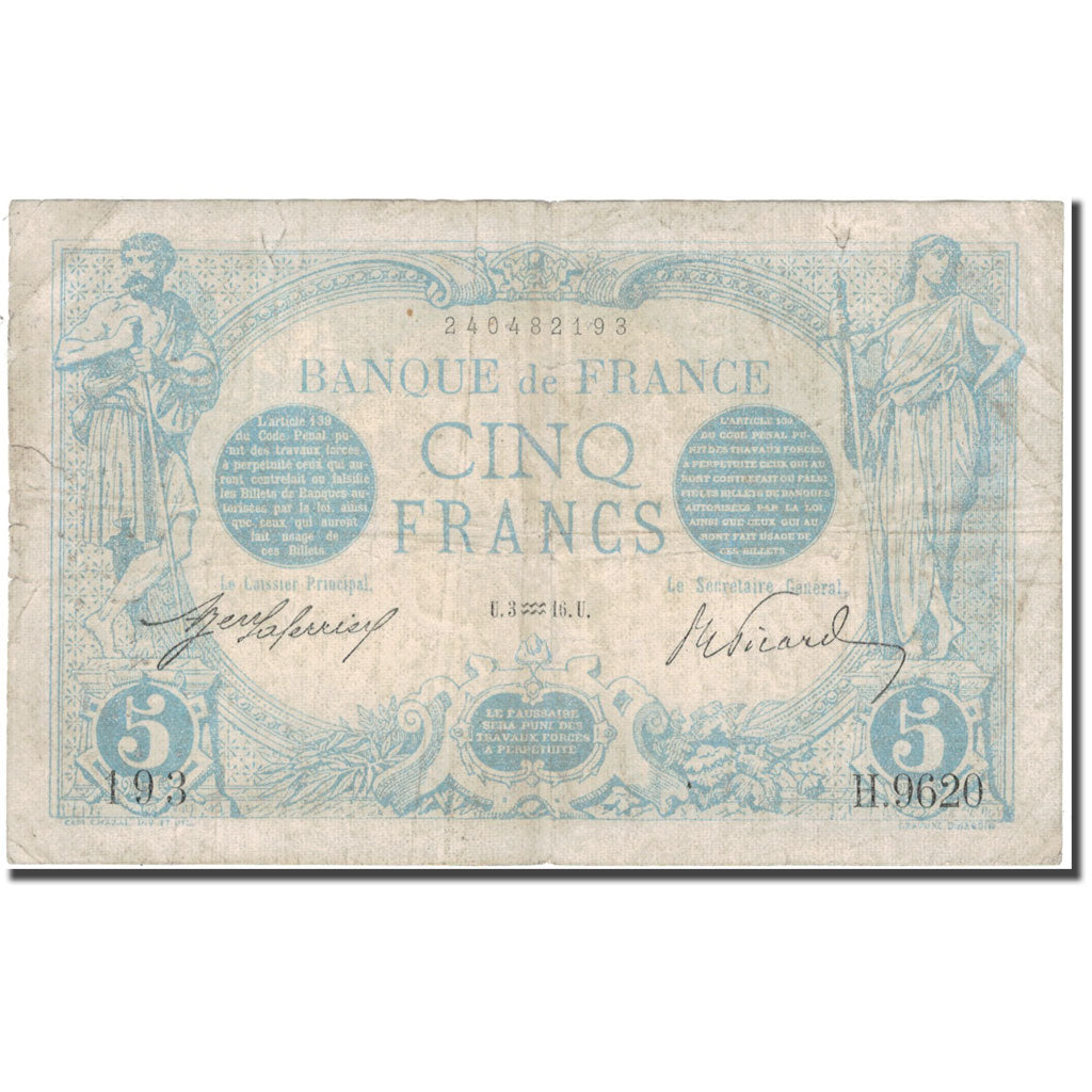 Francia, 5 Francs, Bleu, 1916, 1916-01-03, RC+, Fayette:2.35, KM:70