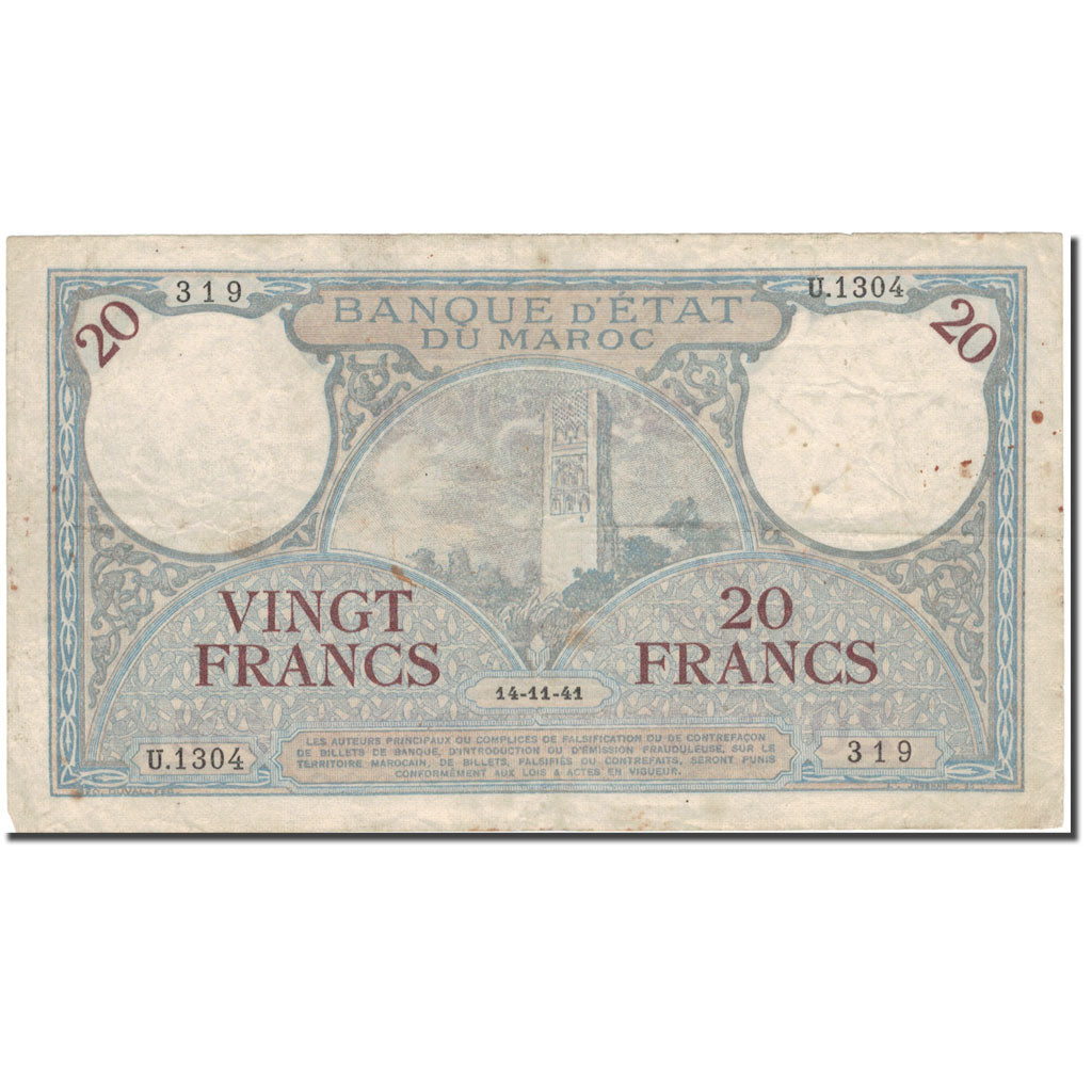 Banconote, Marocco, 20 Francs, 1941, 1941-11-14, KM:18b, MB