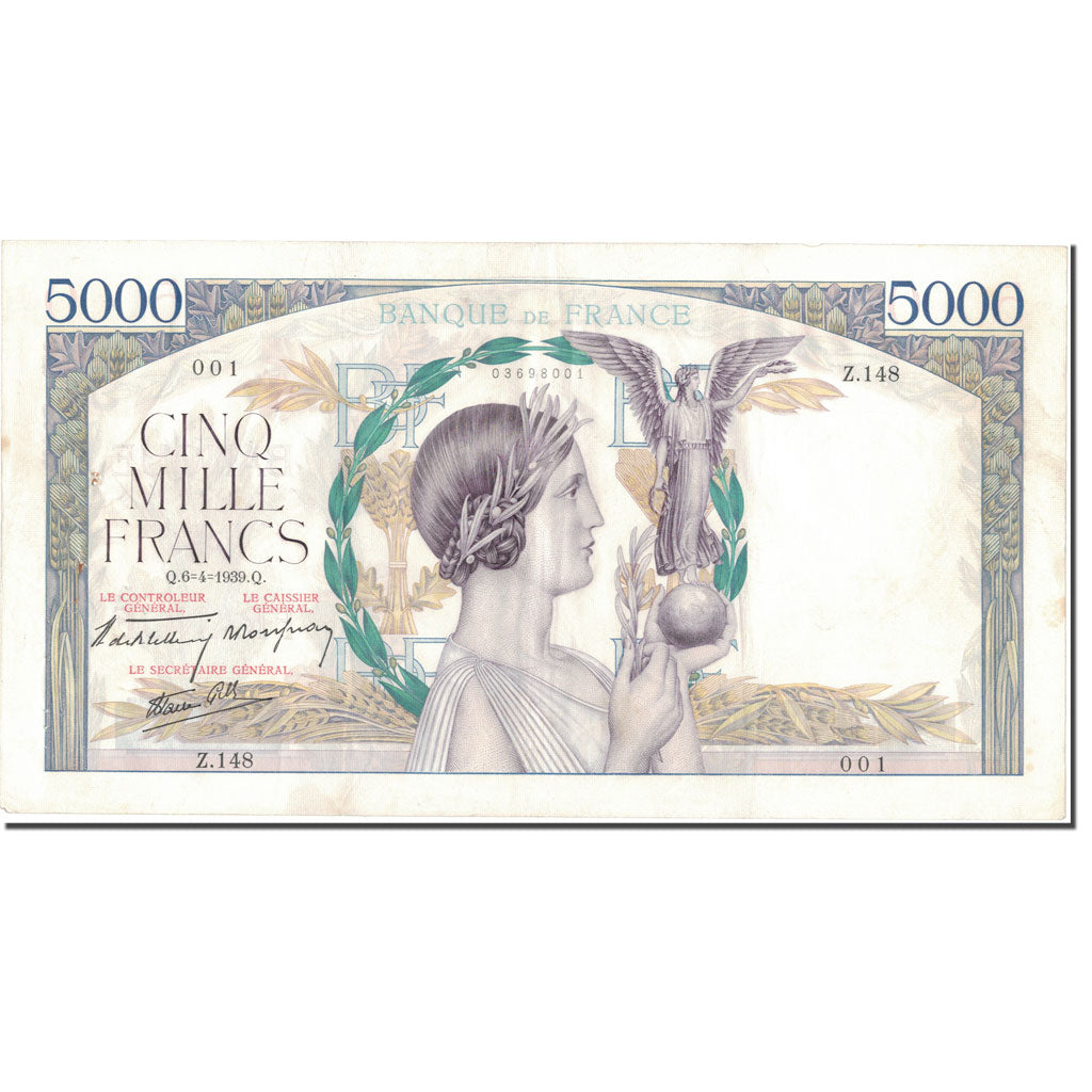 Francia, 5000 Francs, Victoire, 1939, 1939-04-06, BB+, Fayette:46.4, KM:97a