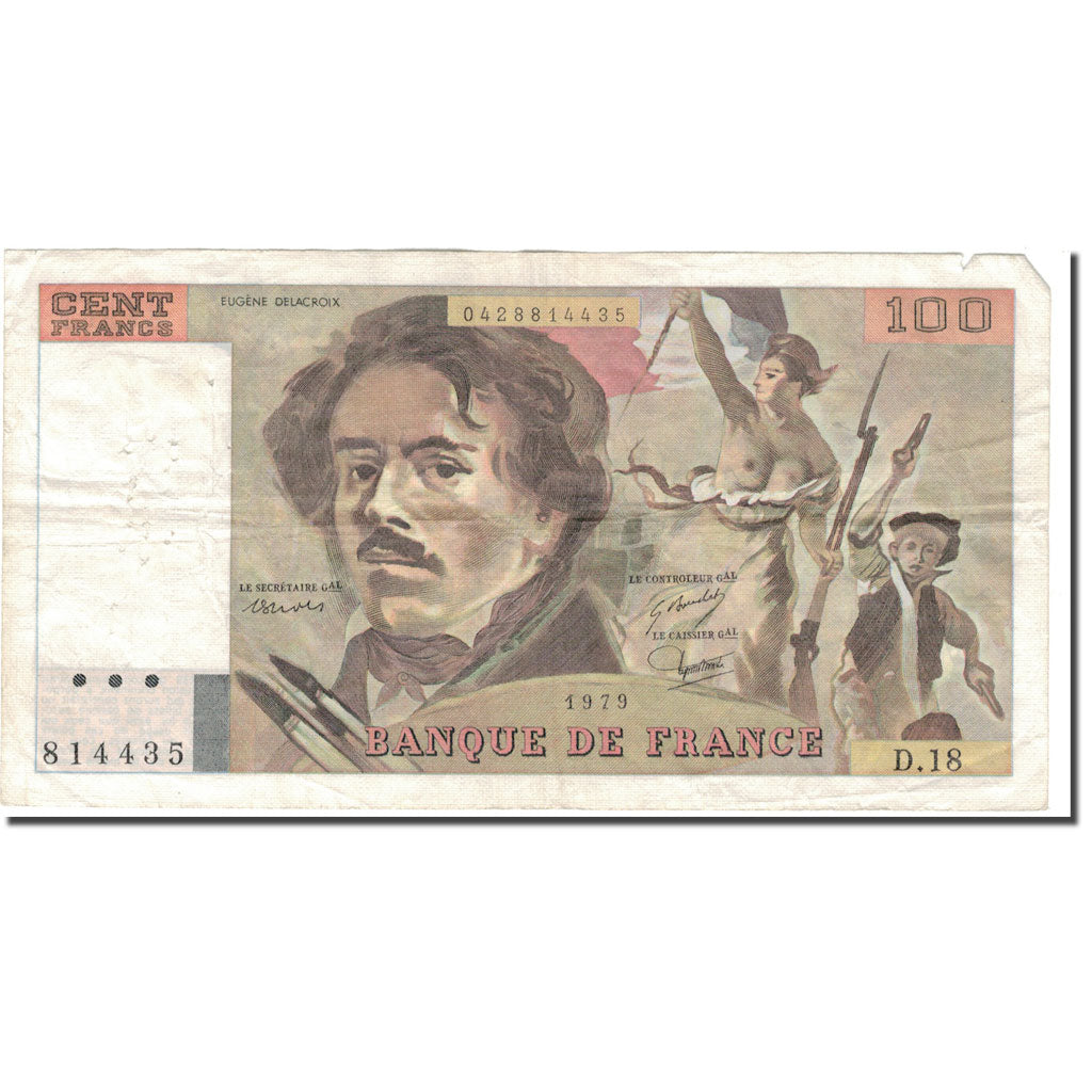 France, 100 Francs, Delacroix, 1979, TB, Fayette:69.2c, KM:154b
