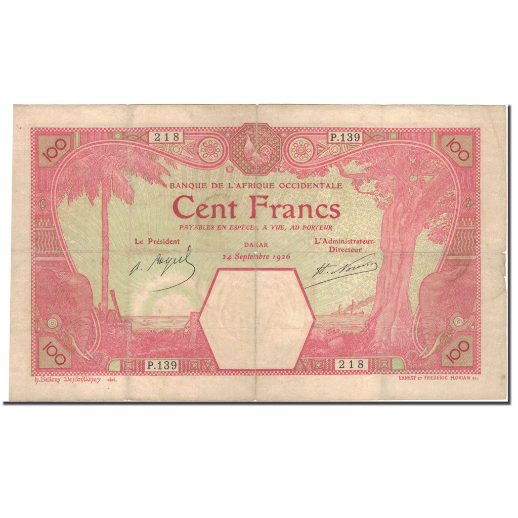 Banknote, French West Africa, 100 Francs, 1926, 1926-09-24, KM:11Bb, VF(30-35)