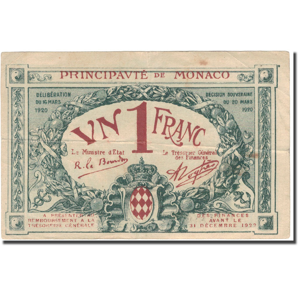 Billet, Monaco, 1 Franc, Blason, 1920, 1920-03-20, TTB
