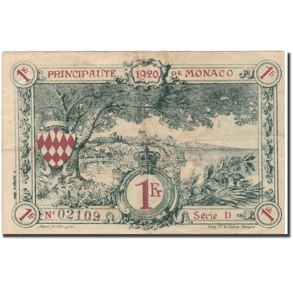 Billet, Monaco, 1 Franc, Blason, 1920, 1920-03-20, TTB