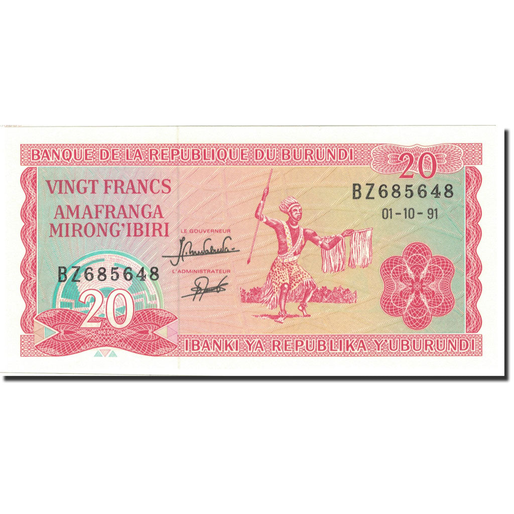 Billete, 20 Francs, 1991, Burundi, 1991-10-01, KM:27c, SC+