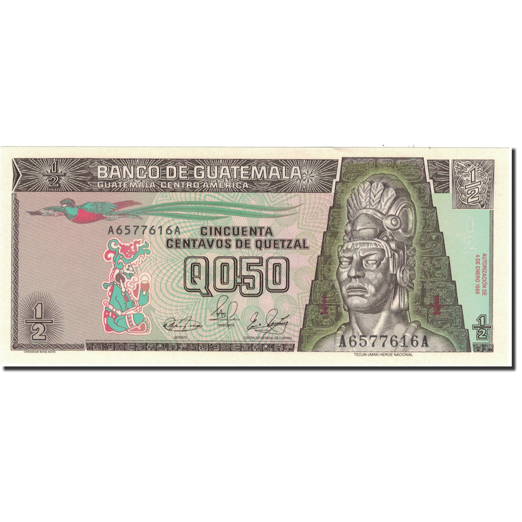 Banknote, Guatemala, 1/2 Quetzal, 1989, 1989-01-04, KM:72a, UNC(65-70)