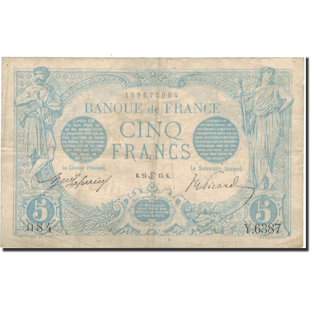 França, 5 Francs, Bleu, 1915, 1915-06-24, VF(20-25), Fayette:02.28, KM:70