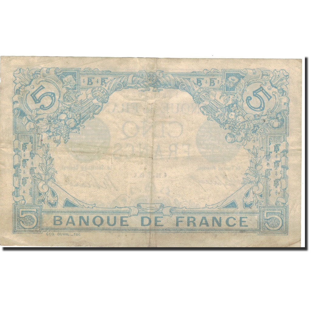França, 5 Francs, Bleu, 1915, 1915-06-24, VF(20-25), Fayette:02.28, KM:70
