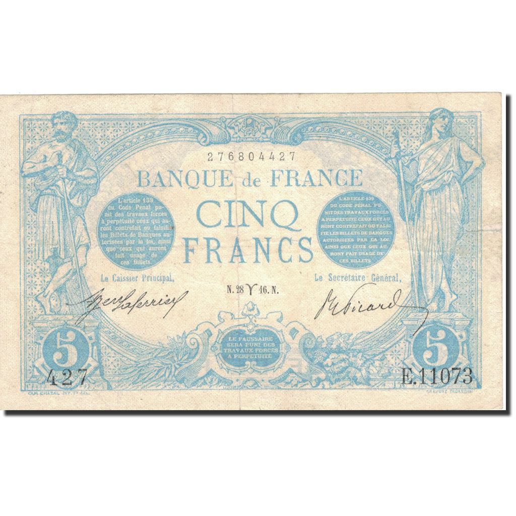 Francja, 5 Francs, Bleu, 1916, 1916-03-28, EF(40-45), Fayette:2.37, KM:70