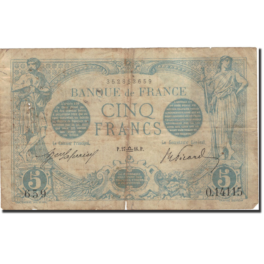 Frankreich, 5 Francs, Bleu, 1916, 1916-09-27, SGE, Fayette:2.43, KM:70