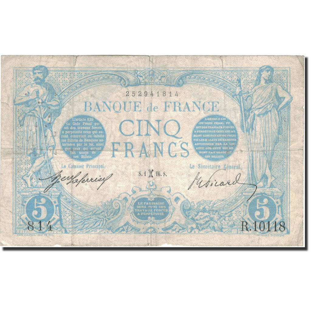 France, 5 Francs, Bleu, 1916, 1916-02-01, VF(20-25), Fayette:2.36, KM:70