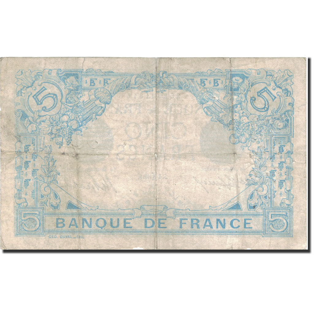 France, 5 Francs, Bleu, 1916, 1916-02-01, VF(20-25), Fayette:2.36, KM:70