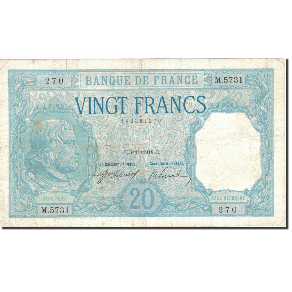 France, 20 Francs, Bayard, 1918, 1918-11-05, TB+, Fayette:11.3, KM:74