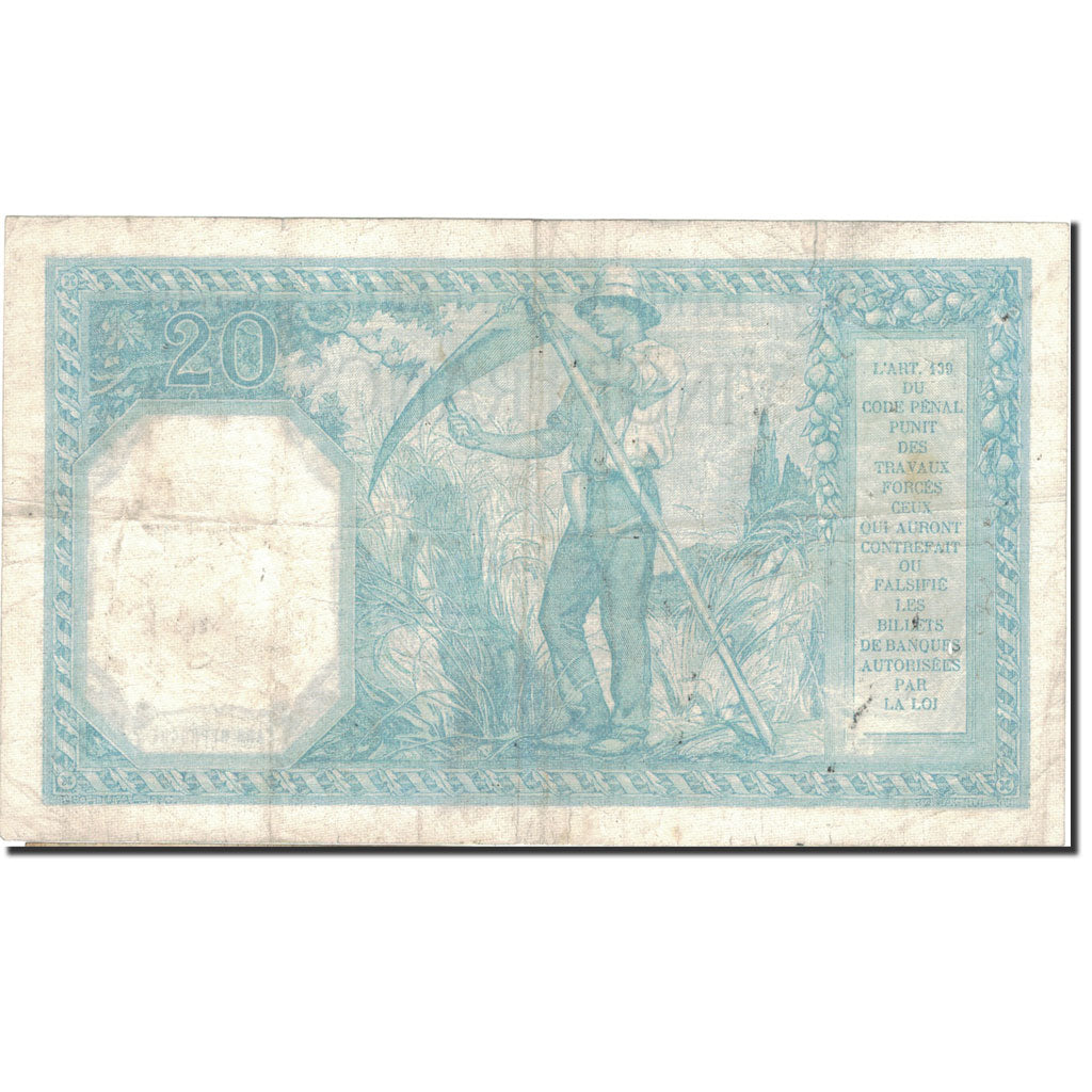 France, 20 Francs, Bayard, 1918, 1918-11-05, TB+, Fayette:11.3, KM:74