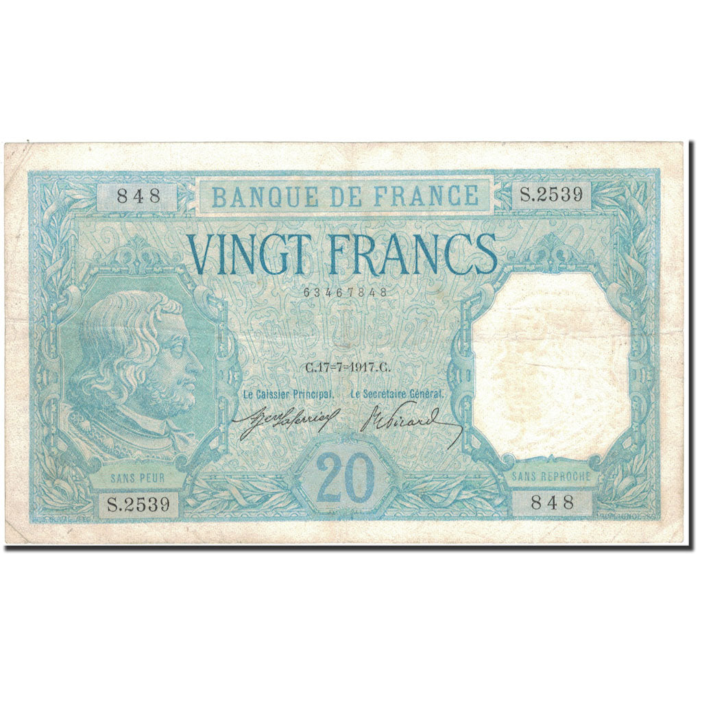 Frankrijk, 20 Francs, Bayard, 1917, 1917-07-17, TB+, Fayette:11.2, KM:74