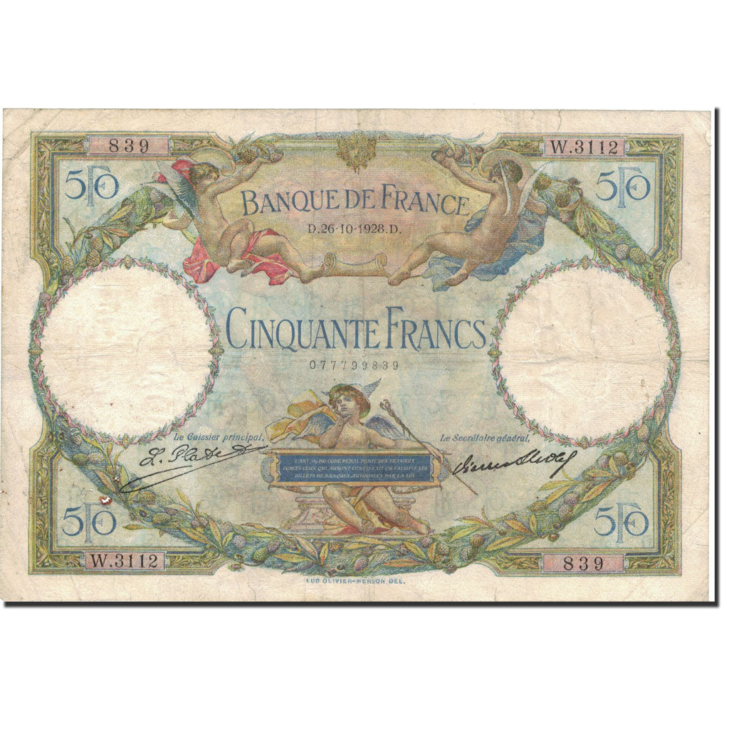 Francja, 50 Francs, Luc Olivier Merson, 1928, 1928-10-26, VF(30-35)