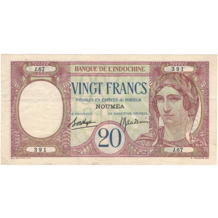 Banknot, Nowa Kaledonia, 20 Francs, KM:37b, AU(55-58)