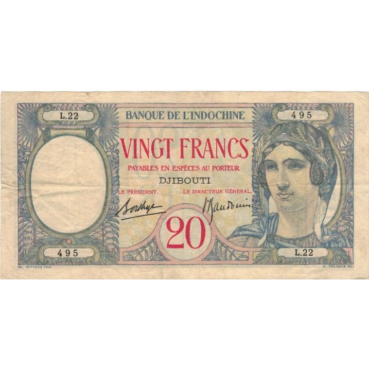 Banknote, French Somaliland, 20 Francs, 1941, KM:7a, AU(50-53)